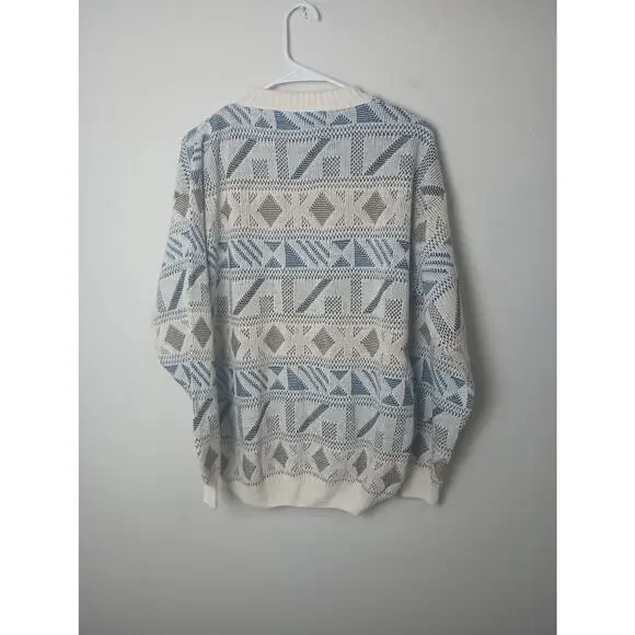 Vintage 3D Men's Sweater Cardigan Made in Italy Wool Size Large Blue Tan Cream